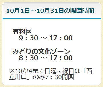 昭和記念公園の開園時間(2021年10月)